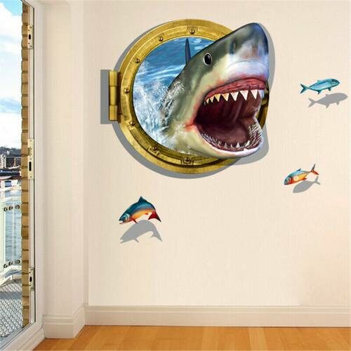 3D Αυτοκόλλητο τοίχου τρισδιάστατο φινιστρίνι καρχαρία και ψάρια  90X60 - 3DSHR OEM