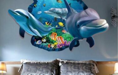 3D προοπτικής Αυτοκόλλητο τοίχου με δελφίνια στον βυθό της θάλασσας  88X58 - 3DDOL OEM