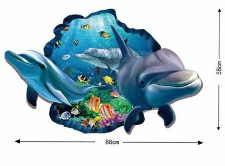 3D προοπτικής Αυτοκόλλητο τοίχου με δελφίνια στον βυθό της θάλασσας  88X58 - 3DDOL OEM