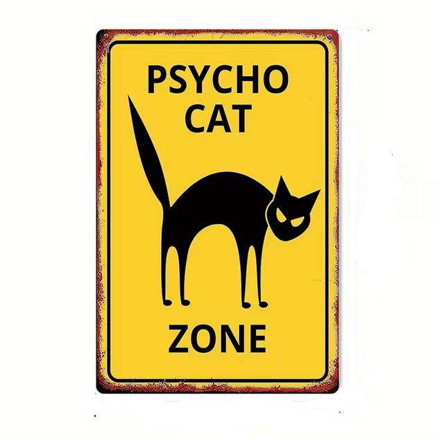 Ξύλινη Vintage Πινακίδα γάτα "Psycho Cat Zone" Ρετρό Διακόσμηση 20X10 - PCZ20 OEM